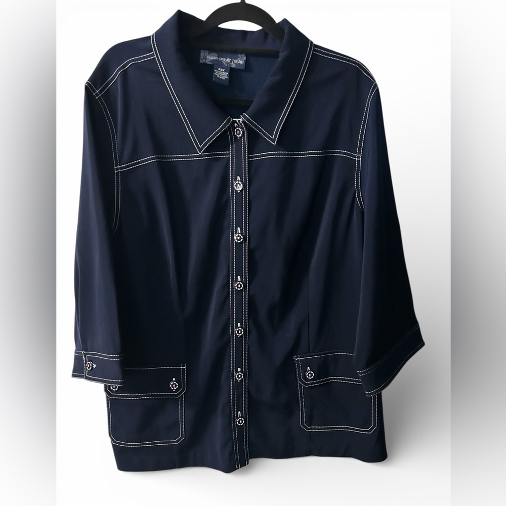 Susan Gravers 2X Petite Navy Button-Up 3/4 Sleeve Blouse with White Stitching